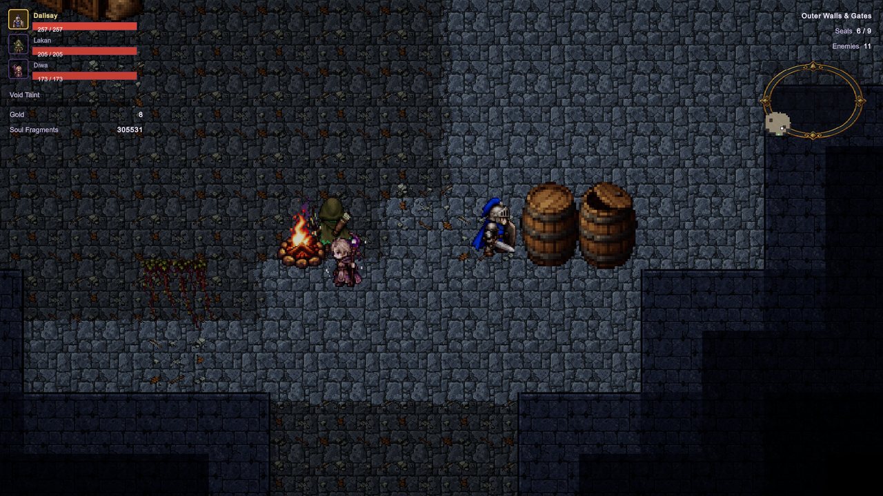 The siblings resting at a campfire on dark stone walls